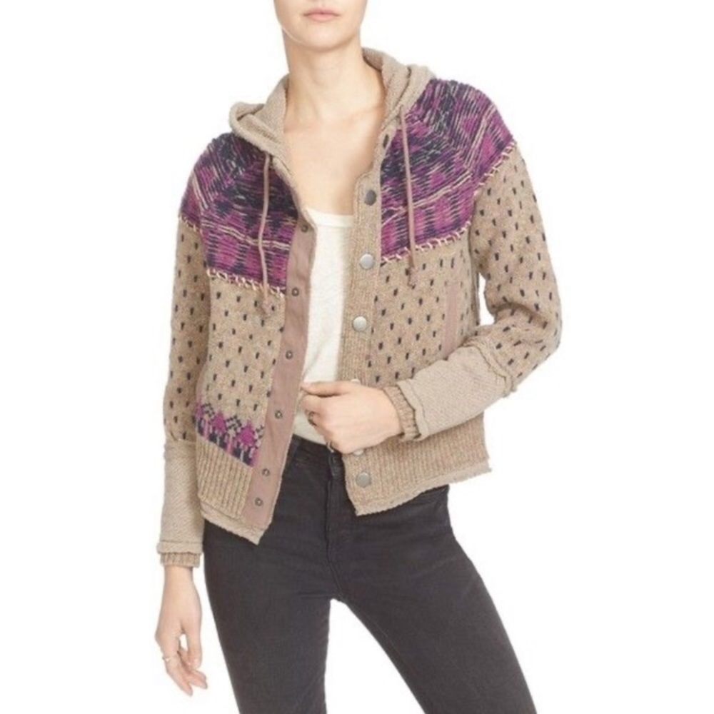 Free People SZ L On My Way Hoodie Sweater Cardigan Jacket Purple Pink Gray